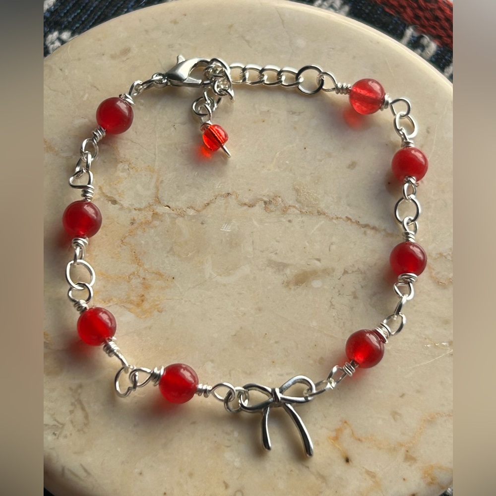 Artisan silver bow and Red Jade Bracelet